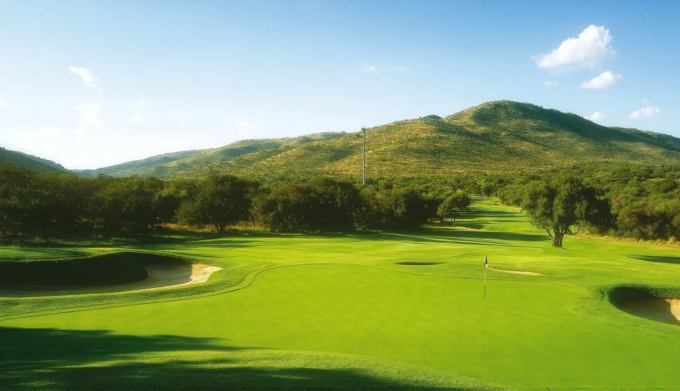 Green del Gary Player Country Club con bandera, búnkeres, árboles y montañas al fondo.