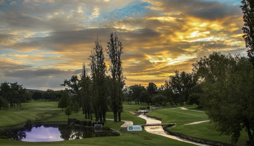 Campo del Royal Johannesburg Country Club con agua, árboles y cielo dorado al atardecer.